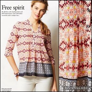 Anthro HD in Paris Mixed Media Abstract Print Pin-tuck Peasant Blouse Top